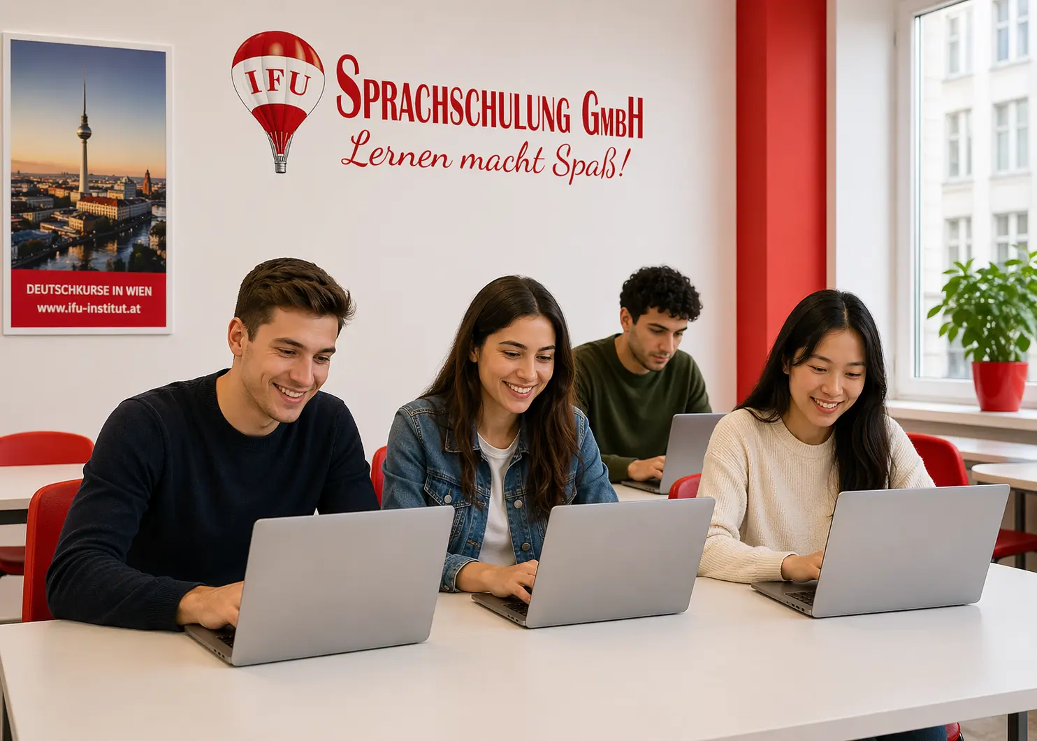 Studierende lernen Deutsch am Computer in der IFU Sprachschule in Wien