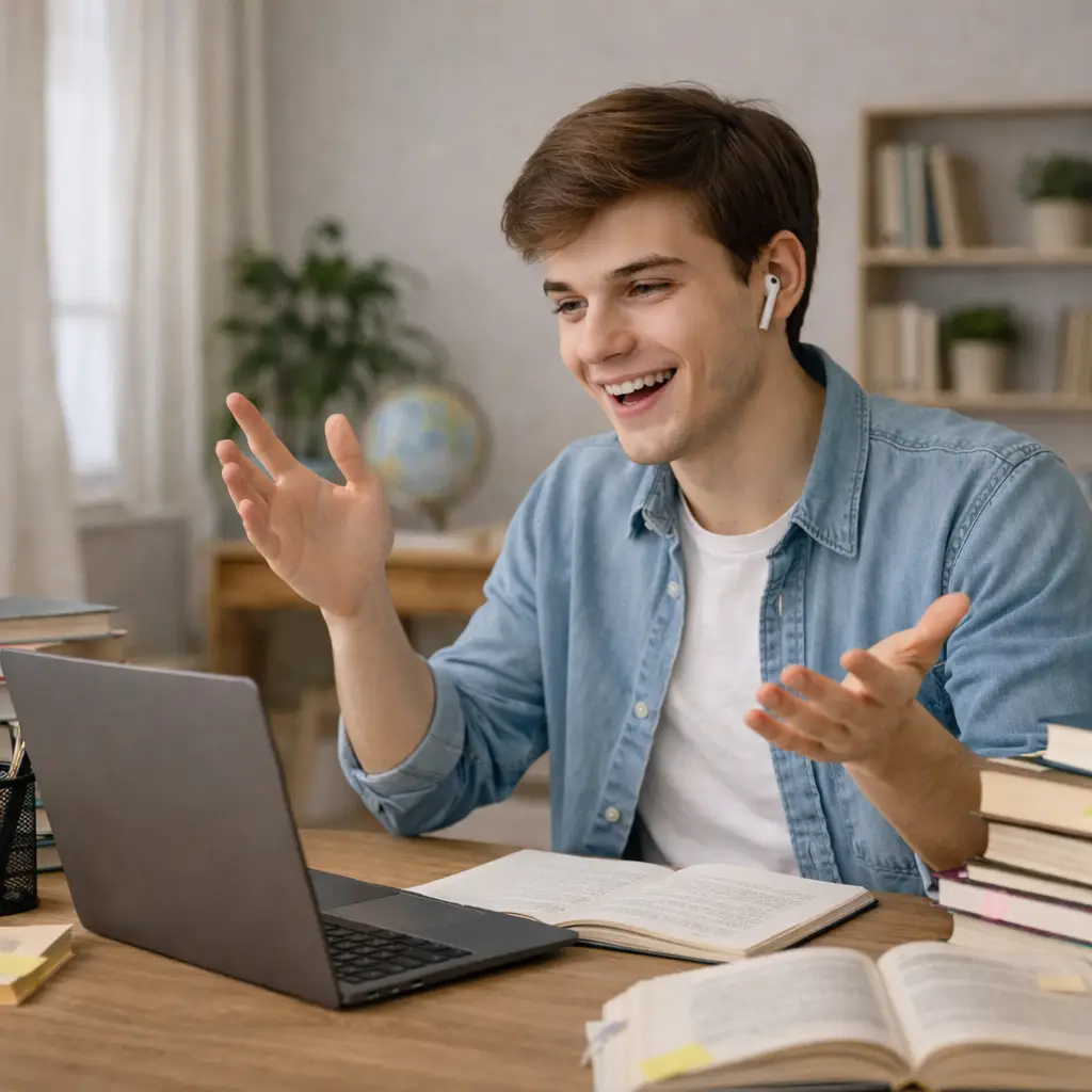 Ein fröhlicher Student mit In-Ear-Kopfhörern spricht begeistert während eines Videocalls am Laptop. Vor ihm auf dem Schreibtisch liegen mehrere aufgeschlagene Fachbücher