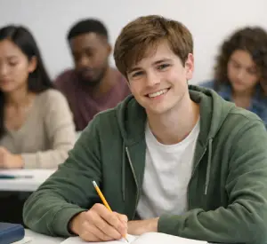 Ein lächelnder junger Student in einem grünen Kapuzenpullover schreibt in einem Klassenzimmer in ein Notizbuch, im Hintergrund sind andere Studierende zu sehen.