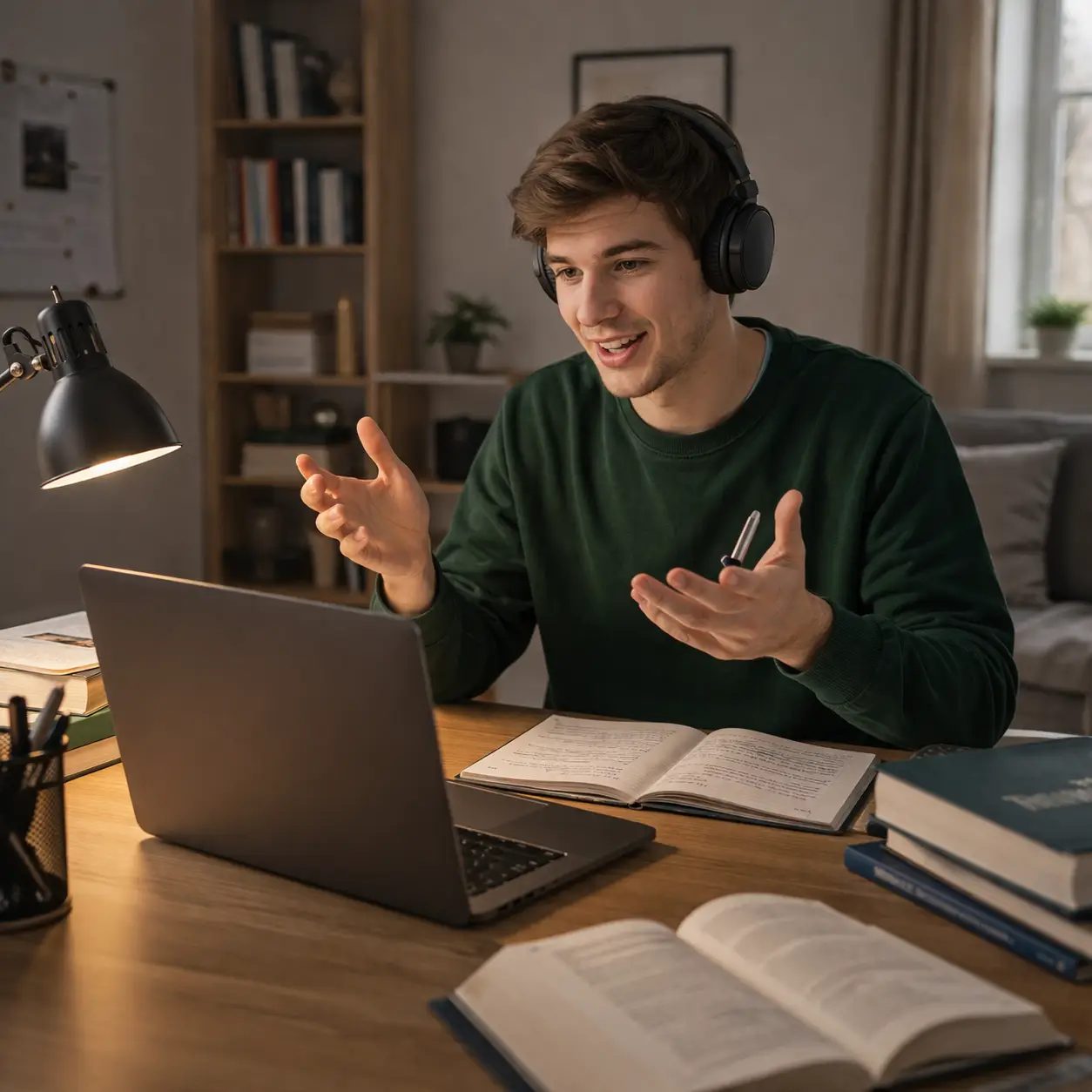 Ein Student mit großen schwarzen Kopfhörern sitzt am Schreibtisch und diskutiert angeregt per Videocall vor seinem Laptop. Auf dem Tisch liegen aufgeschlagene Bücher im warmen Licht einer Lampe