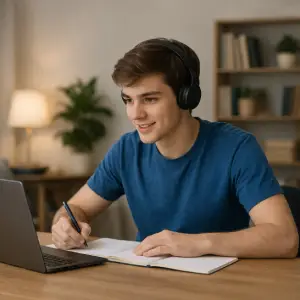 Ein Student mit Kopfhörern sitzt am Laptop und hört dem Lehrer zu