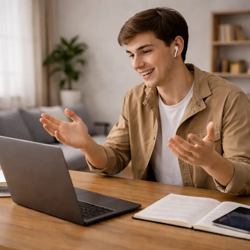 Ein lächelnder Student mit In-Ear-Kopfhörern gestikuliert und spricht während eines Online-Unterrichts vor seinem Laptop