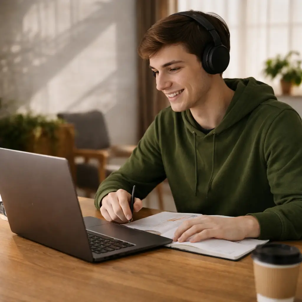Ein lächelnder Student mit Kopfhörern macht sich Notizen am Laptop