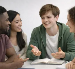 Studenten kommunizieren in Paaren.