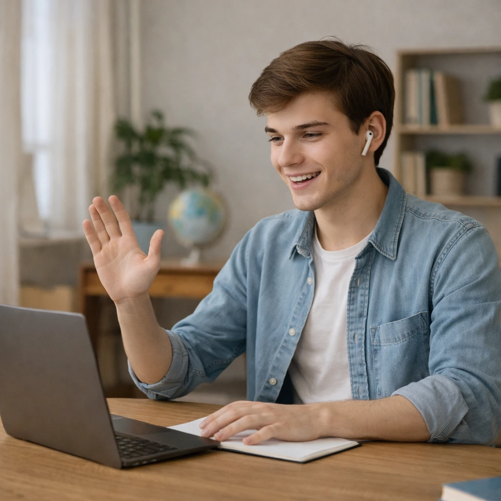 Ein lächelnder Student winkt während des Online-Unterrichts in die Kamera