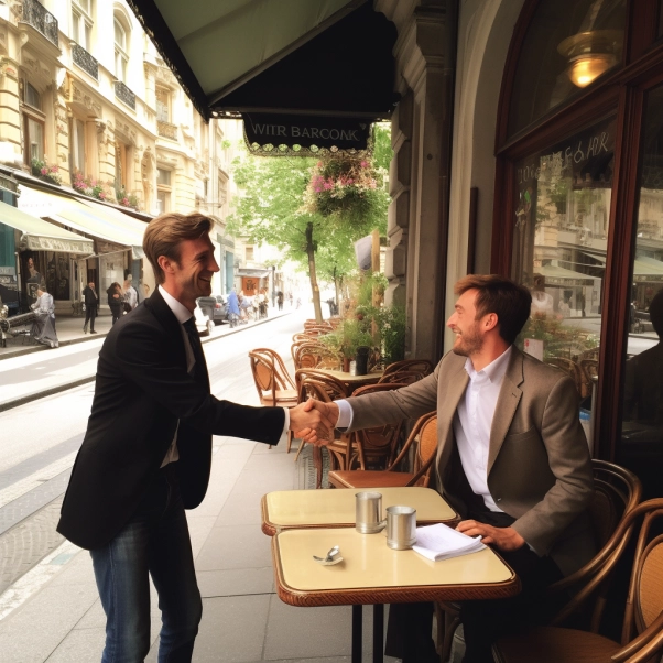 two people talking in front of an auto