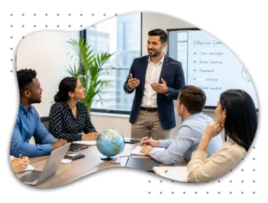 Workshop für effektive Kommunikation bei IFU Sprachschulung. Ein Dozent präsentiert wichtige Soft Skills für ein globales Mindset in einer internationalen Gruppe