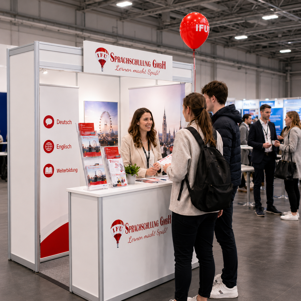 Individuelle Beratung am Messestand der IFU Sprachschulung GmbH. Interessenten informieren sich über Deutschkurse und Weiterbildungsangebote in Wien.