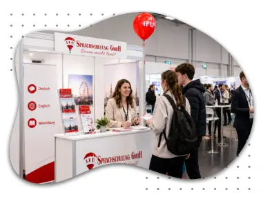 Besucherinnen und Besucher im Austausch auf einer Bildungsmesse in Wien