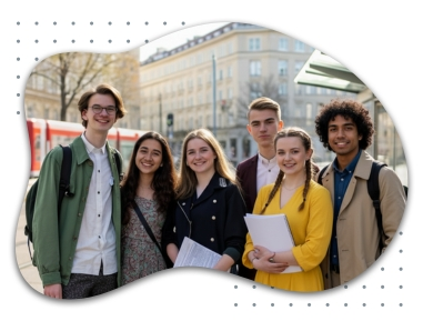 Eine Gruppe von sechs jungen Erwachsenen steht in Wien vor einer Straßenbahnhaltestelle, alle lächeln freundlich. Sie tragen moderne Frühlingskleidung und halten Ordner oder Notizblöcke, bereit für ihren Deutschkurs.