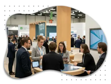 Menschen führen professionelle Gespräche an einem Messestand. Eine Gruppe von fünf Personen, darunter Männer und Frauen in Businesskleidung, bespricht gemeinsam auf einem interaktiven Tisch während einer Messe.