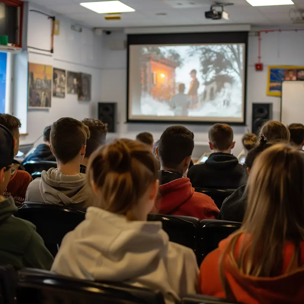 Die Schüler sitzen im Klassenzimmer und schauen einen Film.